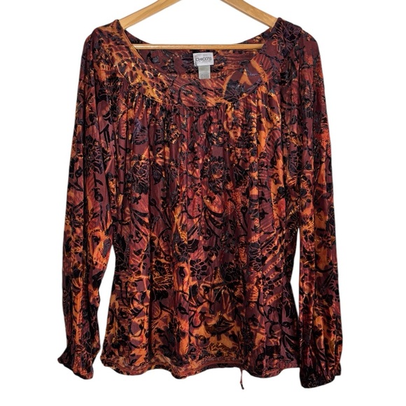 Chico's Paisley Floral Burnout Velvet Blouse Top 2 Large Brown Dark Romantic - Picture 1 of 7